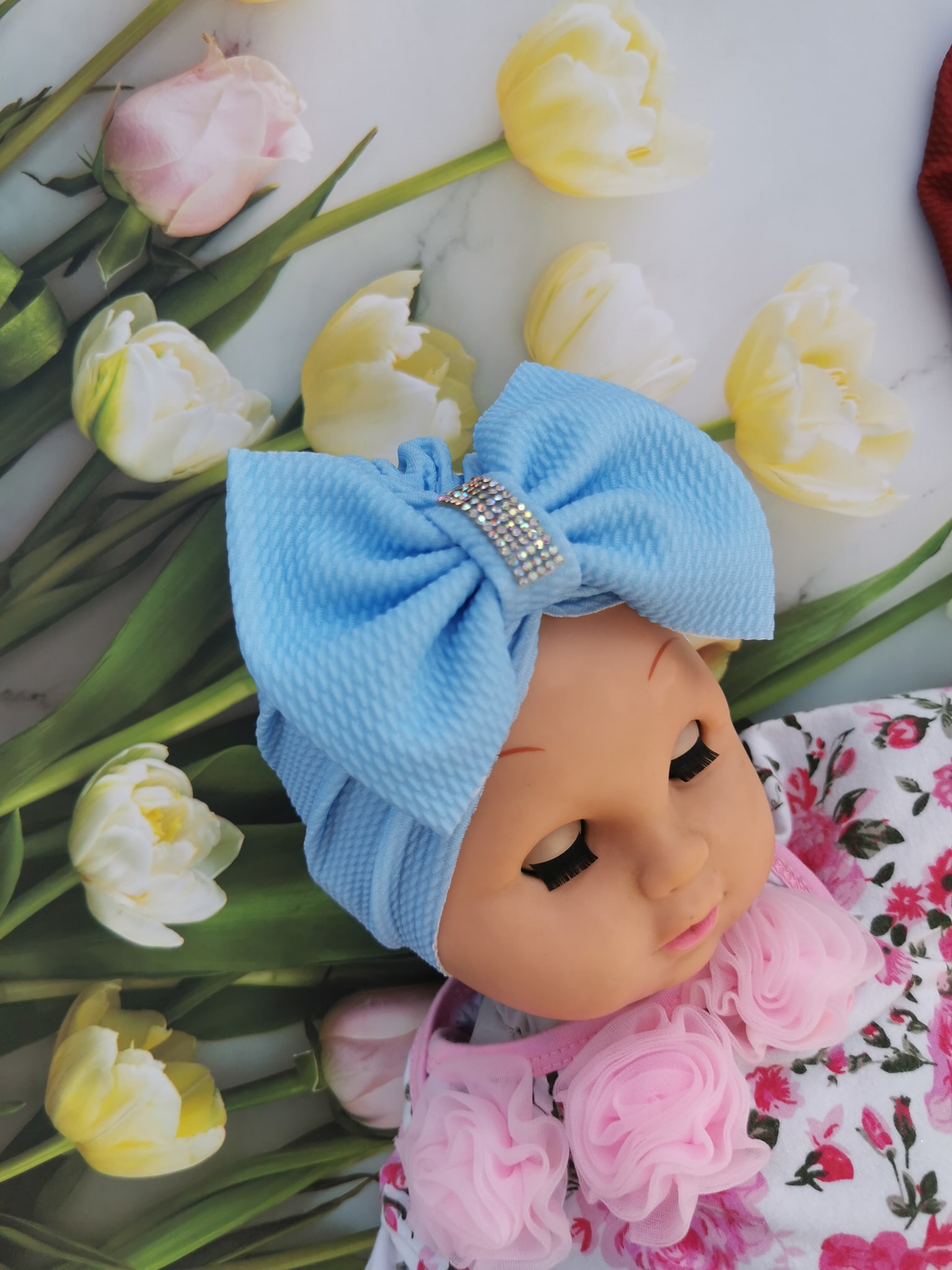 Turban cu fundita si cristal albastru deschis 0-3 luni - imagine 2