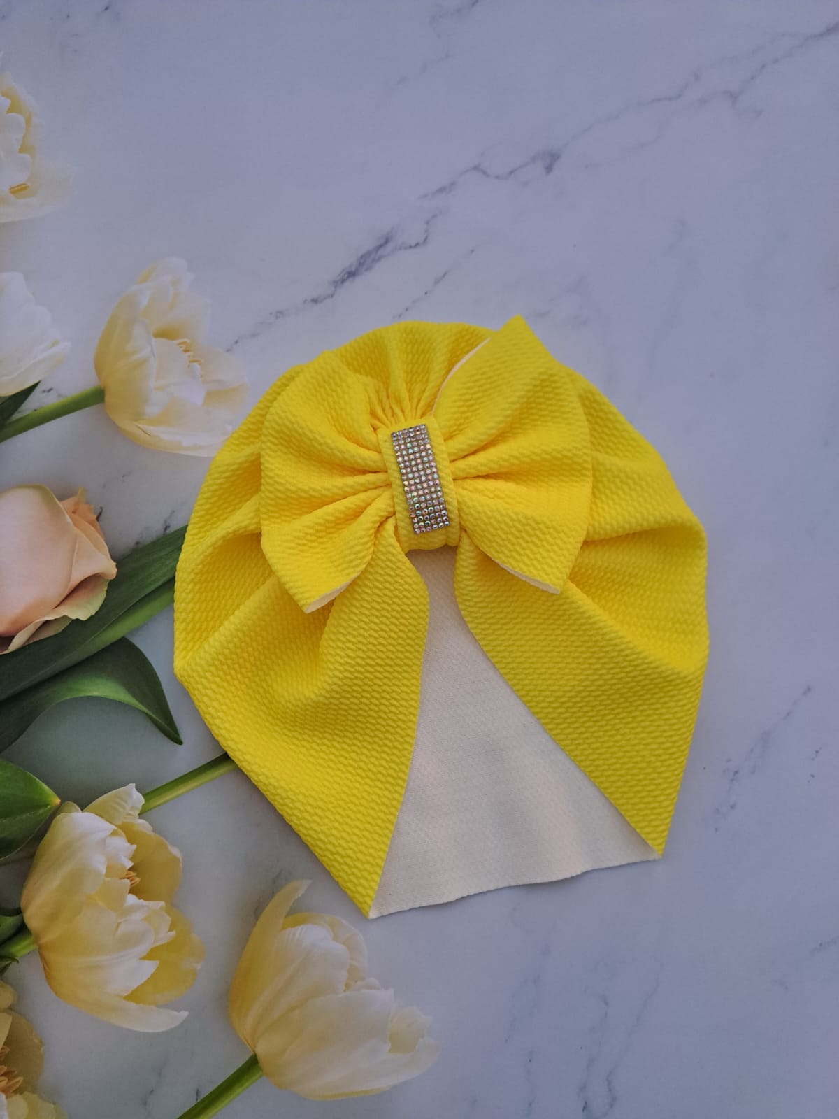 Turban cu fundita si cristal galben-lamaie