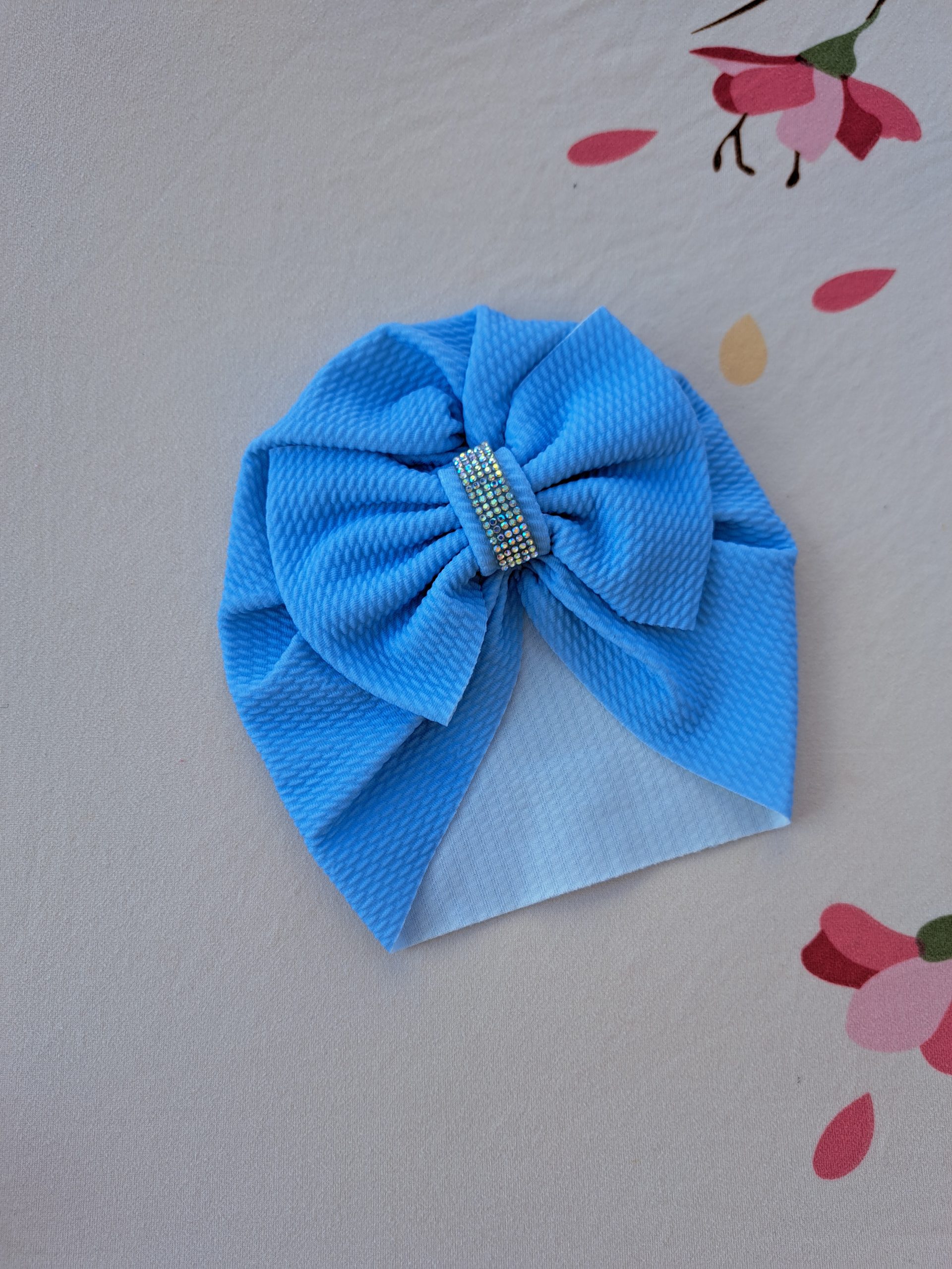 Turban cu fundita si cristal albastru deschis 0-3 luni
