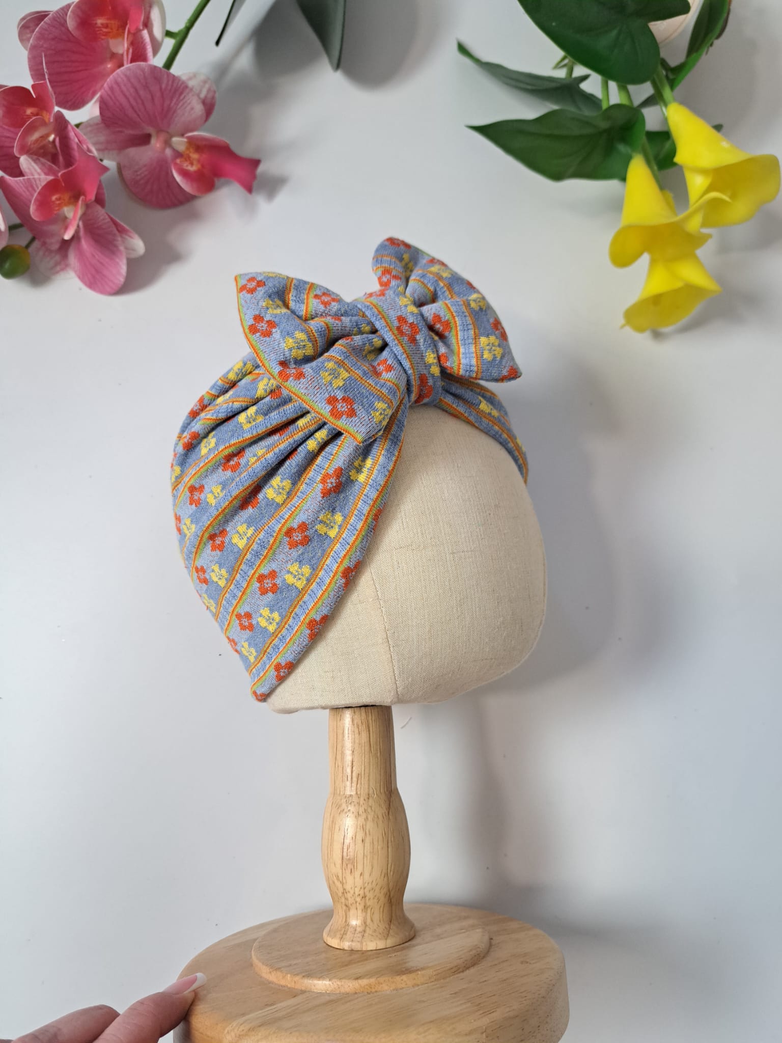 Turban cu fundita albastru floral - imagine 2